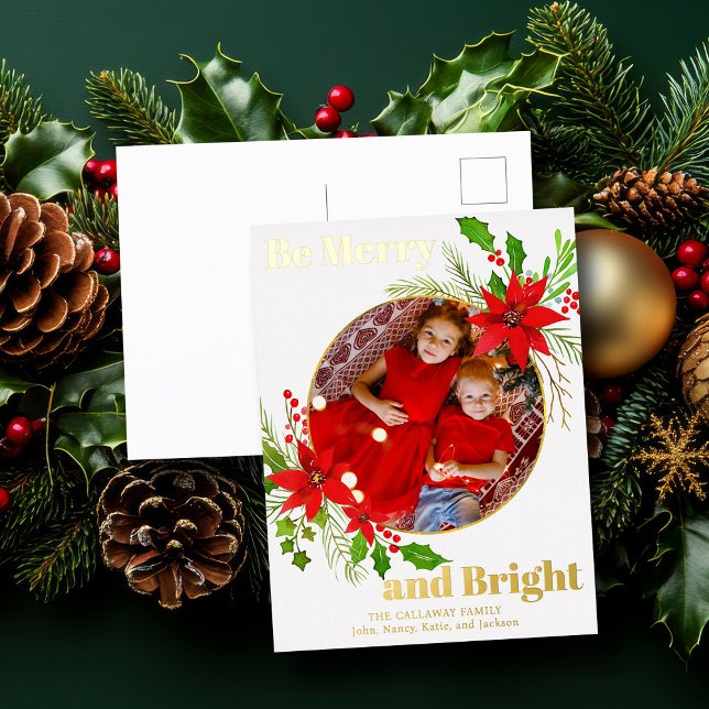 Merry & Bright Christmas Poinsettia Photo Gold Foil Holiday Postcard (Creator Uploaded)