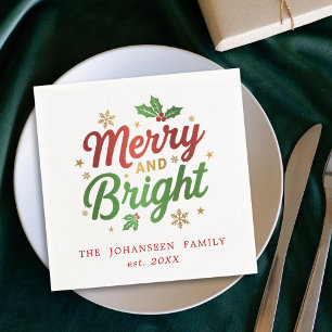 Merry & Bright Christmas Red and Green Typography Napkin