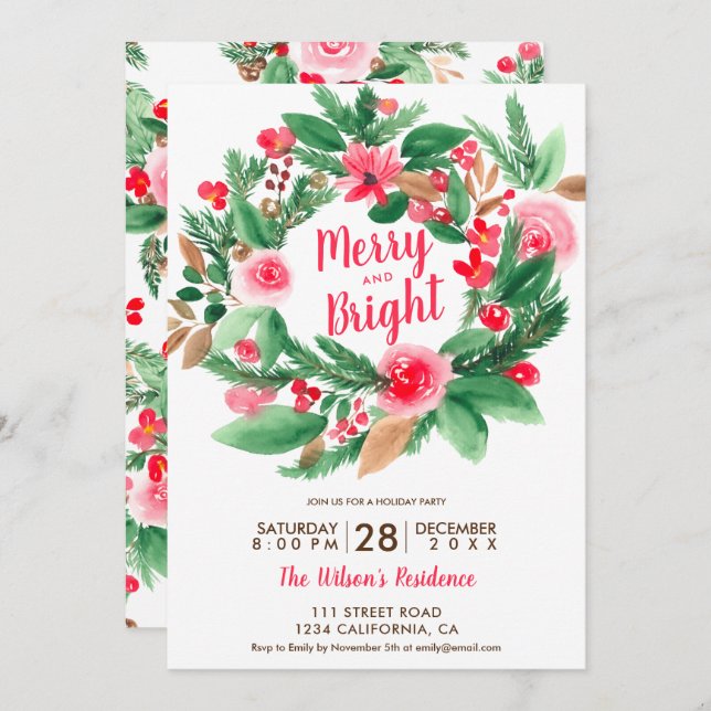 merry Bright Christmas red green floral wreath Invitation (Front/Back)