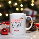 Merry & Bright Christmas Retro Red Pink Add Name   Coffee Mug<br><div class="desc">This cute, girly Merry & Bright design was created using a fun modern script font and my hand lettered block font in a retro 80's style in pink and red. It features my hand painted Santa hat with holly and berries for a festive holiday look. Add your name to personalise...</div>