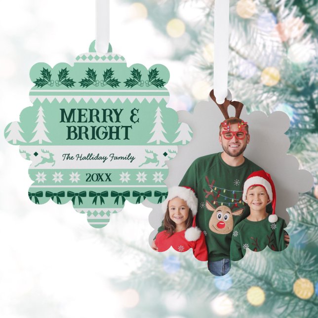 Merry & Bright Christmas Sweater Family Photo Tree Decoration Card (Merry & Bright Christmas Sweater Family Photo Ornament Card)