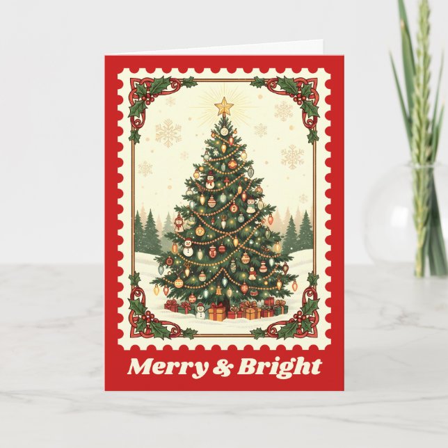 Merry & Bright Christmas Tree Postage Stamp Holiday Card (Front)