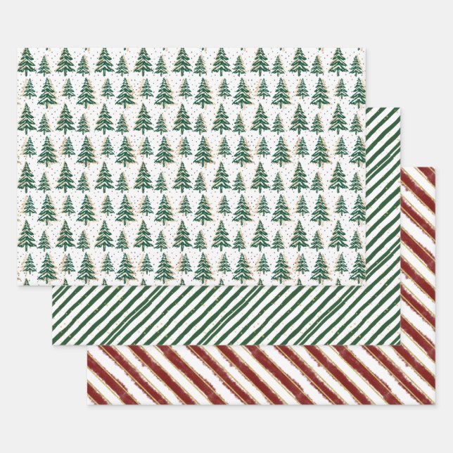 Merry & Bright Christmas Trees & Stripes Set of 3 Wrapping Paper Sheet (Set)
