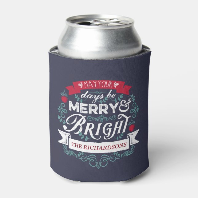 Merry & Bright Christmas Typography Custom Banner Can Cooler (Can Front)