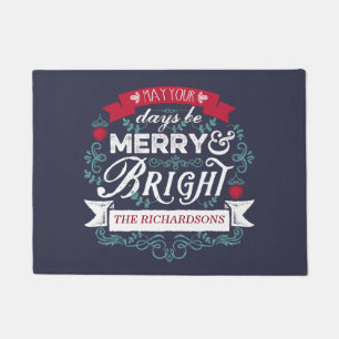 Merry & Bright Christmas Typography Custom Banner Doormat