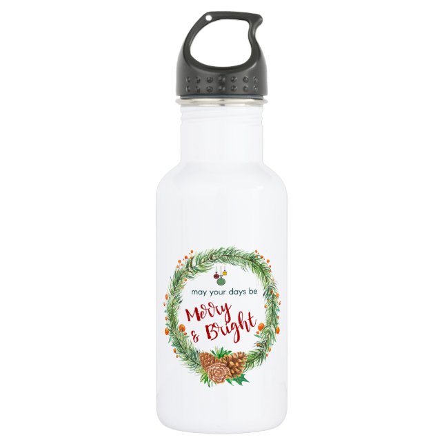 Merry & Bright Christmas Wreath 532 Ml Water Bottle (Front)