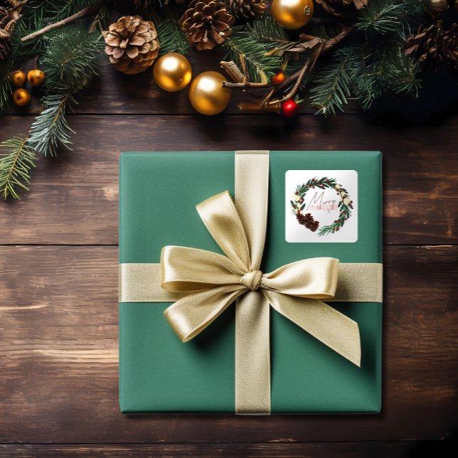 Merry & Bright Christmas Wreath Holiday Square Sticker (Creator Uploaded)