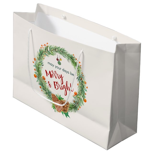 Merry & Bright Christmas Wreath Large Gift Bag (Front Angled)