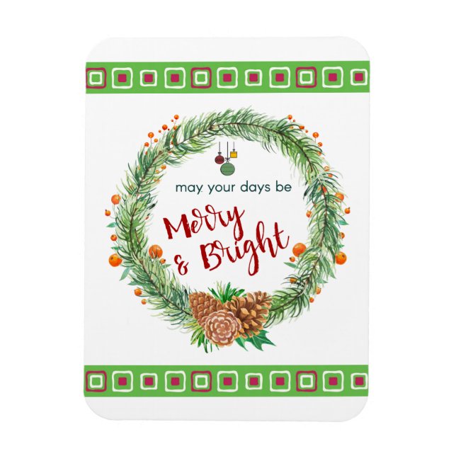 Merry & Bright Christmas Wreath Magnet (Vertical)