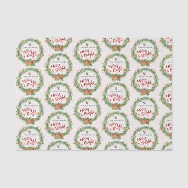 Merry & Bright Christmas Wreath Pattern Tissue Paper (Front)