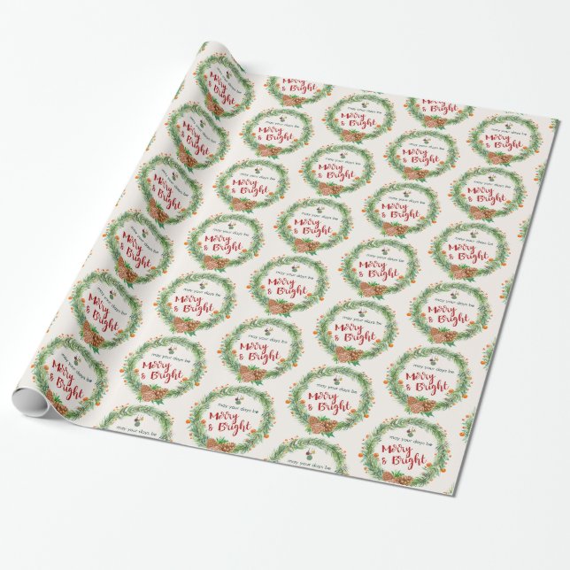 Merry & Bright Christmas Wreath Pattern Wrapping Paper (Unrolled)
