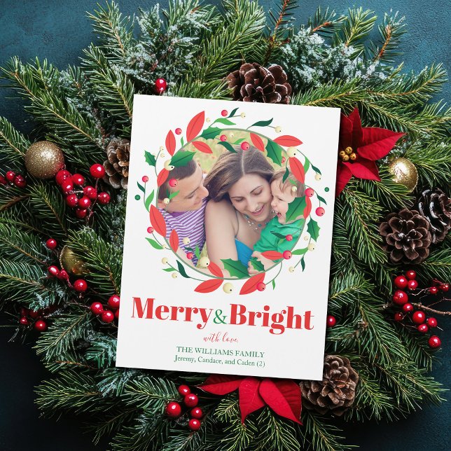 Merry & Bright Christmas Wreath Photo Magnet Card (Creator Uploaded)
