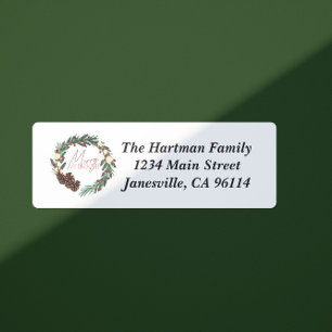 "Merry & Bright" Christmas Wreath Return Address Label