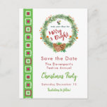 Merry & Bright Christmas Wreath Save the Date Postcard<br><div class="desc">A Christmas save the date postcard with a watercolor wreath. Green pine needles, pine cones and decorative berries make up this festive wreath. Inside the wreath are some decorative ornaments and the words" may your days be Merry & Bright. Written in a trendy red font. A green and red pattern...</div>