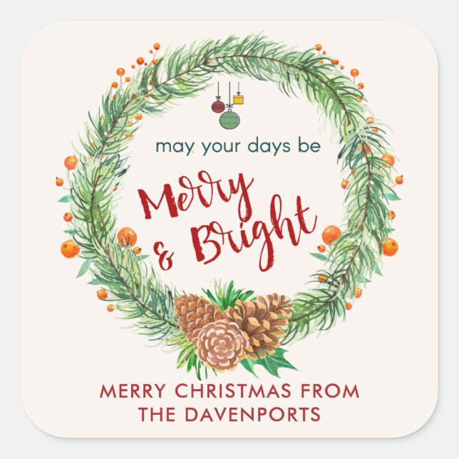 Merry & Bright Christmas Wreath Square Sticker (Front)