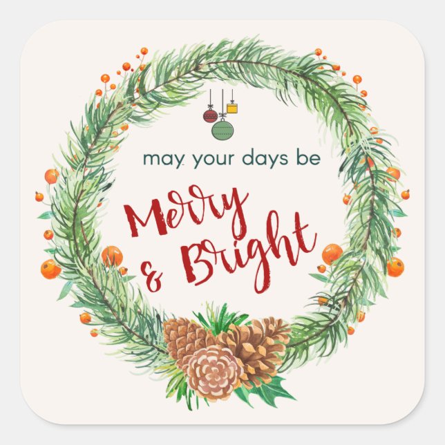 Merry & Bright Christmas Wreath Square Sticker (Front)
