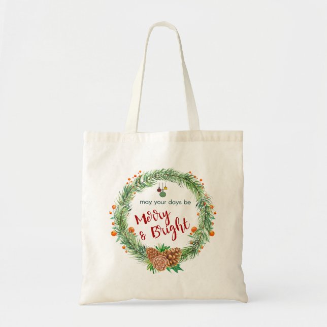Merry & Bright Christmas Wreath Tote Bag (Front)