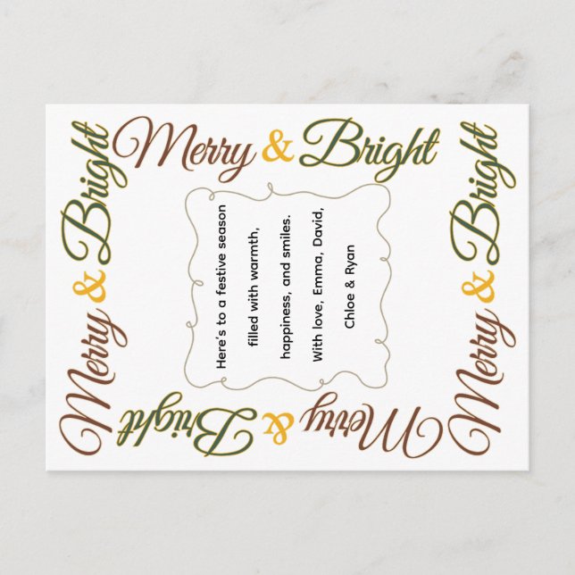 Merry & Bright Classic Retro Festive Christmas Holiday Postcard (Front)