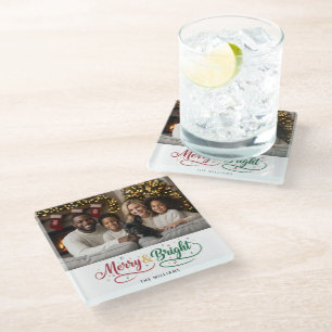 Merry & Bright Classic Script Custom Photo Glass Coaster