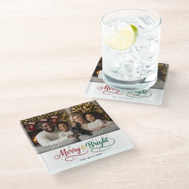 Merry & Bright Classic Script Custom Photo  Glass Coaster (Angled)