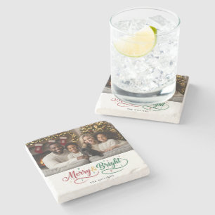 Merry & Bright Classic Script Custom Photo Stone Coaster