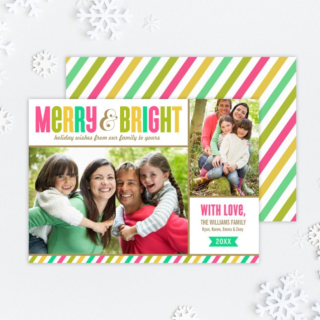 Merry & Bright Colorful Stripe Multi-Photo Holiday Card (Creator Uploaded)