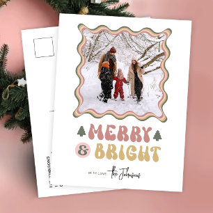 Merry & Bright Colourful 80s Retro Photo Christmas Holiday Postcard
