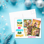 Merry Bright Colourful Christmas 4 Photo Collage Holiday Postcard<br><div class="desc">Cute and cheerful family photo collage holiday cards featuring a colourful strand of Christmas lights wrapped around your kids photograph. May Your Days Be Merry and Bright written in bold letters from light blue to your family name in hot pink. A rainbow of colours for the holidays. Add your favourite...</div>