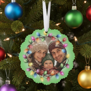 Merry & Bright Colourful Christmas Lights Photo Tree Decoration Card