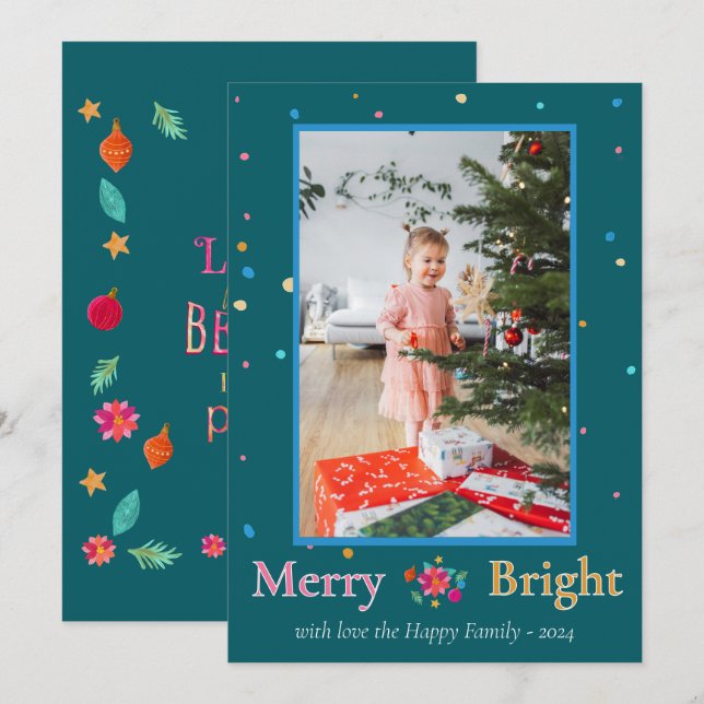  Merry Bright Colourful Christmas Photo Holiday Card (Front/Back)
