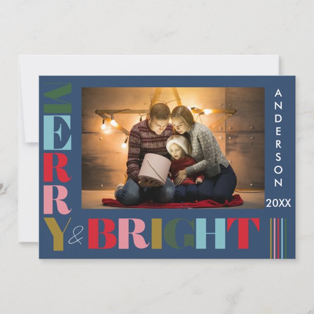 Merry & Bright  Colourful Christmas Photo Navy blu Holiday Card (Front)