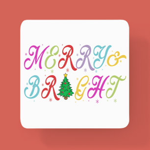 Merry & Bright Colourful Christmas Tree Festive Square Paper Coaster