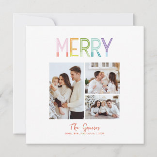 Merry bright colourful fun three photo christmas holiday card