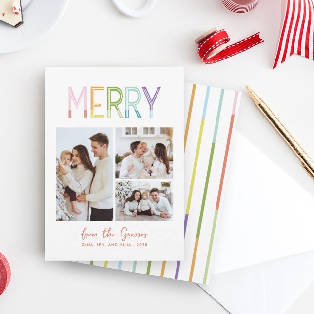 Merry bright colourful fun three photo christmas holiday card (Creator Uploaded)