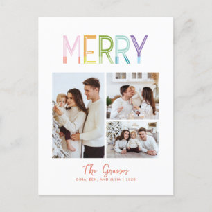 Merry bright colourful fun three photo christmas holiday postcard