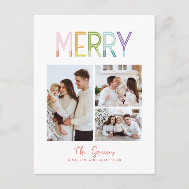 Merry bright colourful fun three photo christmas holiday postcard (Front)
