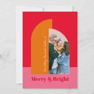 Merry Bright Colourful Pink Christmas Family Photo Holiday Card