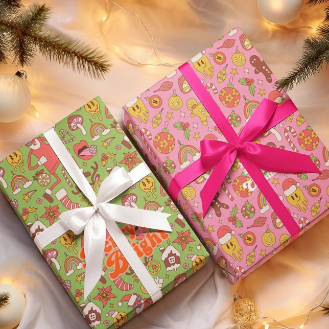 Merry & Bright | Colourful Retro Christmas Holiday Wrapping Paper Sheet (Creator Uploaded)