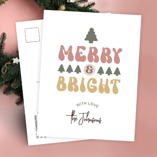 Merry & Bright Colourful Retro No Photo Christmas Holiday Postcard (Send fun Christmas postcards this season with this retro Merry & Bright holiday postcard)