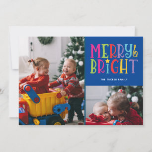 Merry & Bright Colourful Stripes 2-Photo Christmas Holiday Card