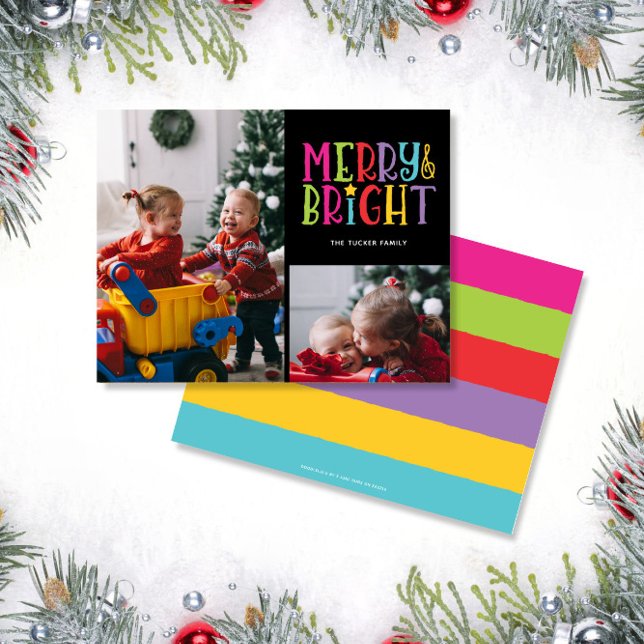 Merry & Bright Colourful Stripes 2-Photo Christmas Holiday Card (Creator Uploaded)