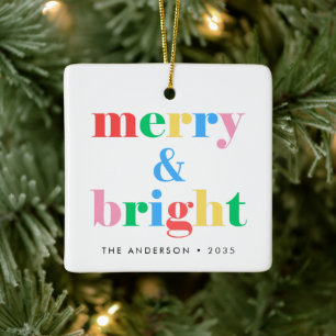 Merry & Bright Colourful Typography Christmas Ceramic Ornament