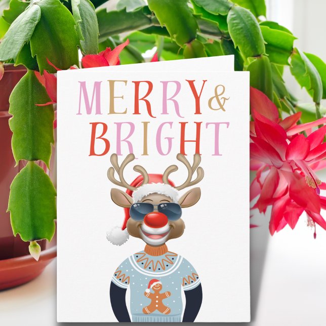 Merry & Bright Cool Reindeer Funny Christmas Card (Creator Uploaded)