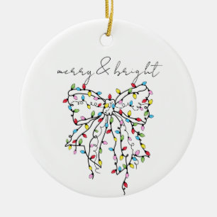Merry & Bright Coquette Christmas Lights Bow Ceramic Ornament
