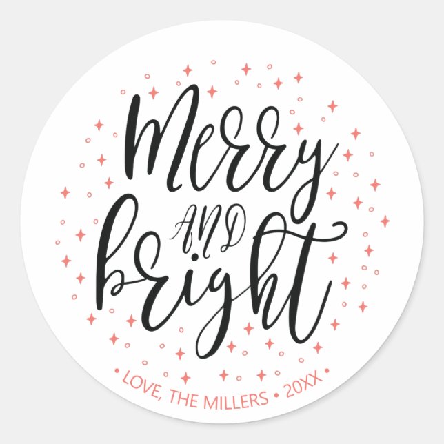 Merry & Bright Coral Christmas Holiday Gift Classic Round Sticker (Front)
