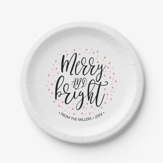 Merry & Bright Coral Christmas Holiday Party Paper Plate (Front)