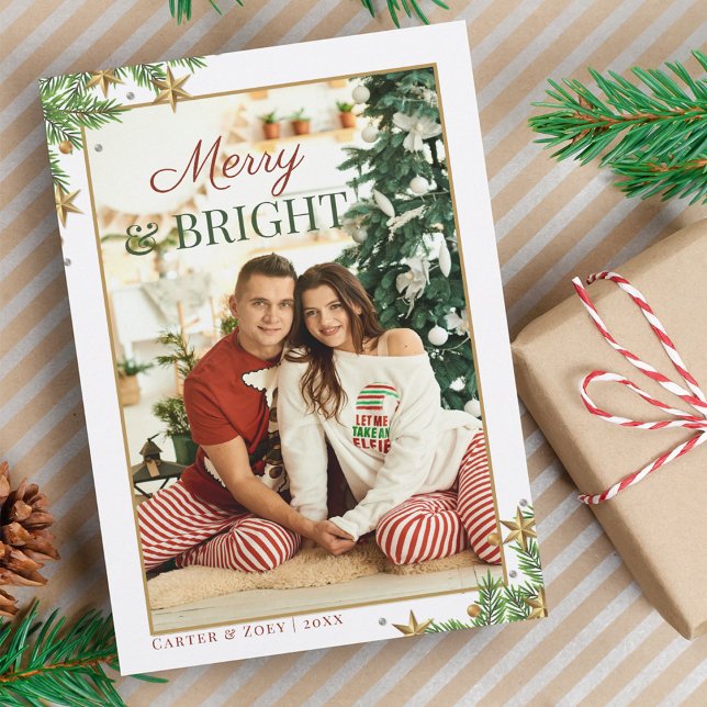 Merry & Bright Couple Photo Christmas  Holiday Card (Creator Uploaded)