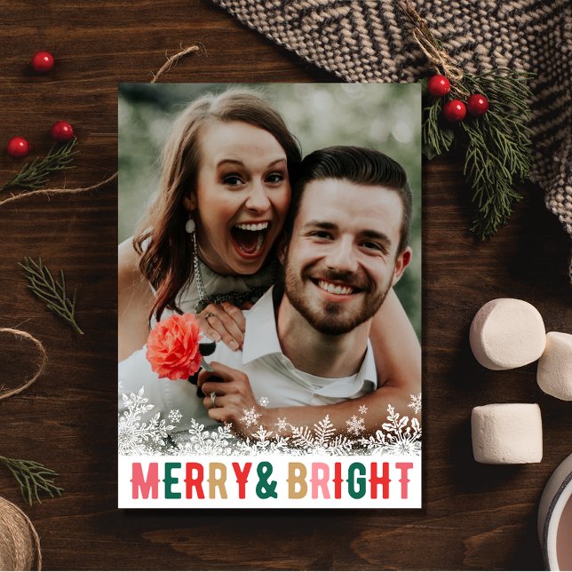 Merry Bright Couple's Snowflake Photo Christmas Holiday Card (Merry Bright Couple's Snowflake Photo Christmas Holiday Card)