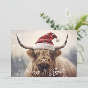 Merry & Bright Cow in a Santa Hat Holiday Card
