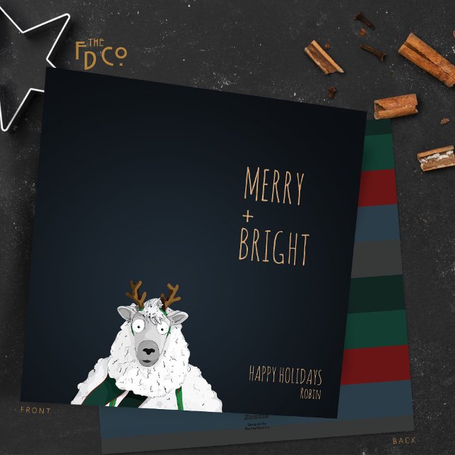 “Merry + Bright” Crazy Cute Sheep Holiday Card (Creator Uploaded)